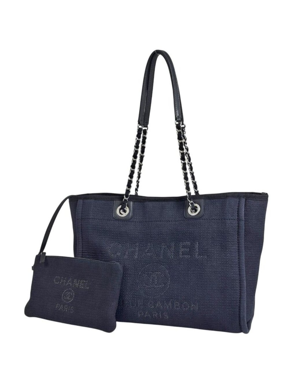 Chanel Deauville Line Chain Tote Bag CC Logo Canvas Black